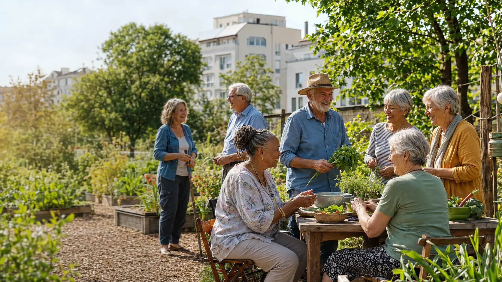 Aktive Seniorinnen und Senioren bei einem Nachbarschaftstreffen
